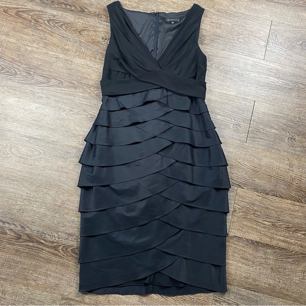 Adrianna Papell Sheath Dress Women 8 Black Deep V Neck Sleeveless Layered Lined